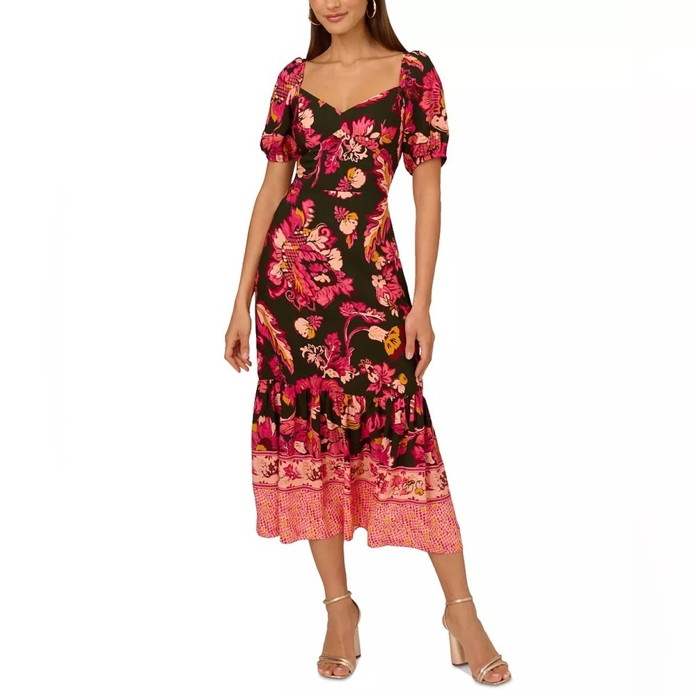 Adrianna Papell Floral Puff Sleeve Midi Dress Pink Black Sweetheart Neck NWT 6